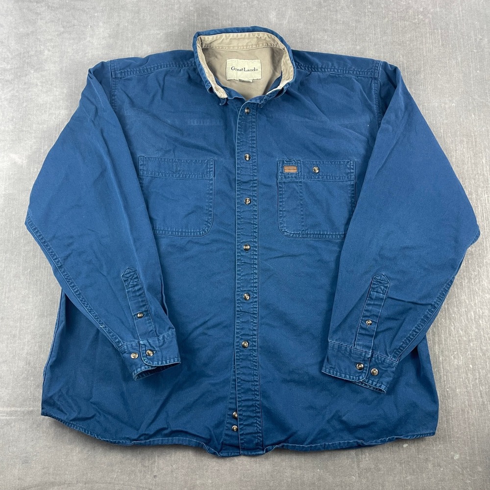 GreatLand Mens L Blue Button Up Shirt Rugged Cotton Twill Workwear